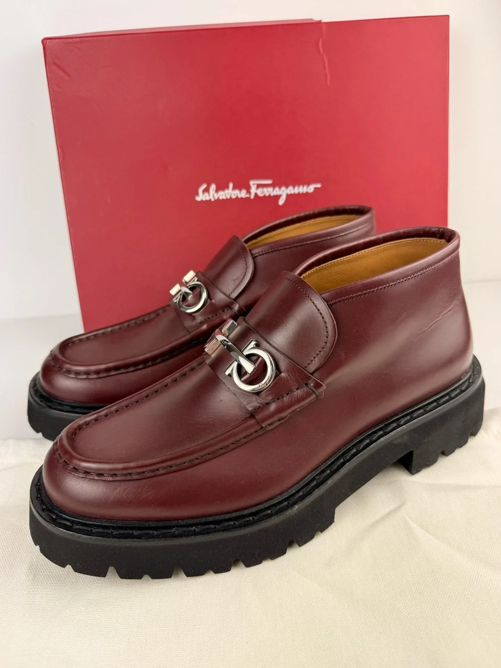 Salvatore Ferragamo Men’s Geffer 2 Gancini Leather Lug Sole Ankle Loafers 9.5M